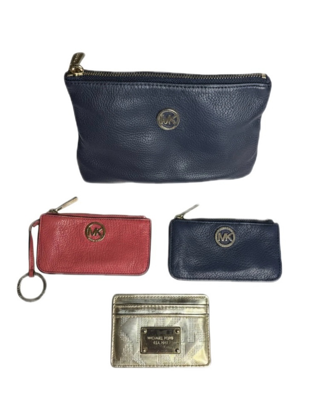 Michael Kors Wallet & Pouch Bundle – 4 Pieces Navy/Coral/Gold Leather